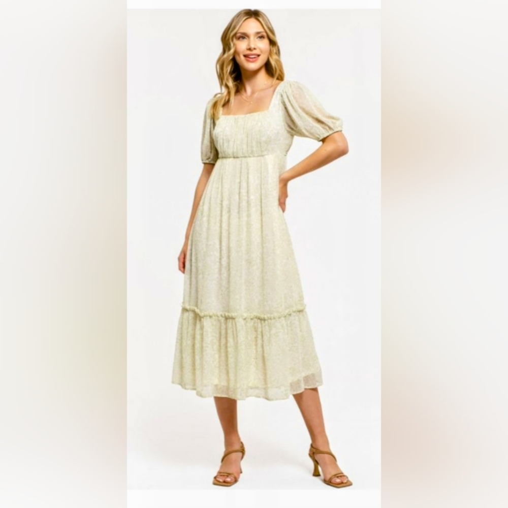 August Sky Square Neck Puffy Sleeve Empire Waist Maxi Dress Size S